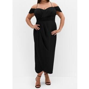 City Chic Entwine Tulip Drape Maxi Dress Black Off The Shoulder V-Neck Slit Gown